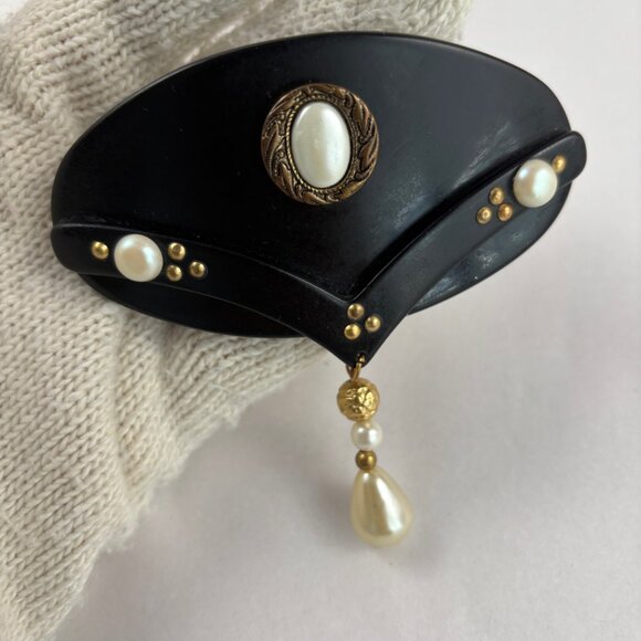 VTG Barrette Black Lucite? Faux Pearls Studs Hair Clip France - Picture 2 of 6